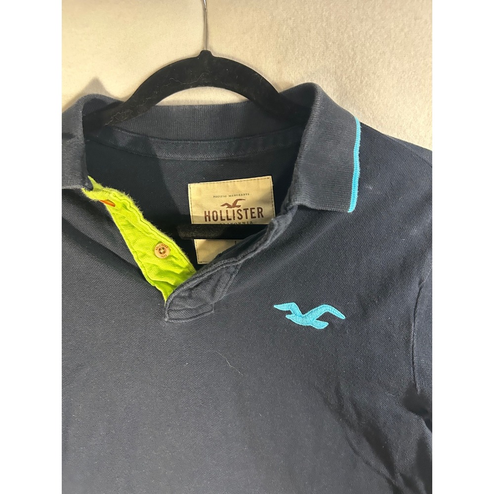 Hollister Mens Navy Blue Pique Polo Shirt Lime Green‎ Placket Turquoise Logo L